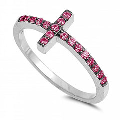 Sterling Silver Sideways Cross Shaped Ruby CZ RingAnd Face Height 9mm