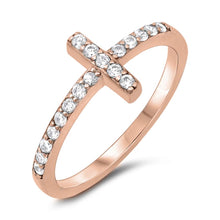 Load image into Gallery viewer, Sterling Silver Rose Gold Plated Sideways Cross Cubic Zirconia Ring