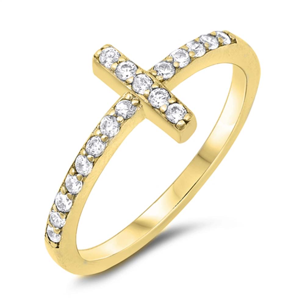 Sterling Silver Yellow Gold Plated Sideways Cross Cubic Zirconia Ring