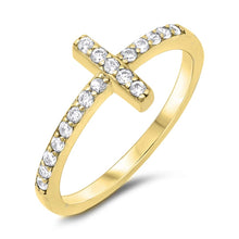 Load image into Gallery viewer, Sterling Silver Yellow Gold Plated Sideways Cross Cubic Zirconia Ring