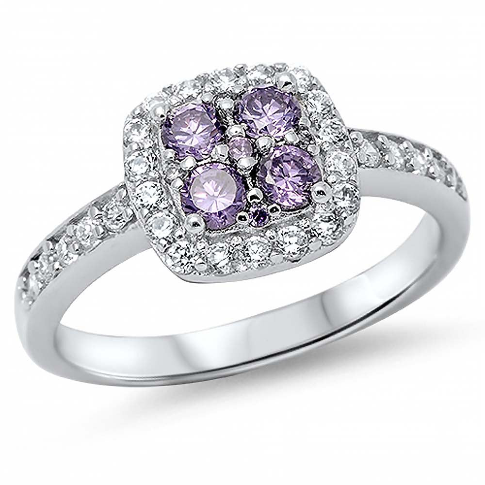 Sterling Silver Classy 4 Round Cut Amethyst Czs on Center Halo Set with Clear Cz and Band Inlaid with Clear CzsAnd Face Heigth of 10MM