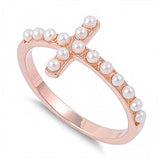 Sterling Silver Fancy Rose Gold Plated Sideway Cross with White Pearls Inlaid RingAnd Face Height of 11MM