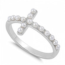 Load image into Gallery viewer, Sterling Silver Fancy Sideway Cross with White Pearls Inlaid RingAnd Face Height of 11MM