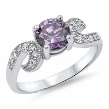 Load image into Gallery viewer, Sterling Silver Round Amethyst And Hook Shaped Clear CZ RingAnd Face Height 7mm