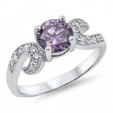 Sterling Silver Round Amethyst And Hook Shaped Clear CZ RingAnd Face Height 7mm