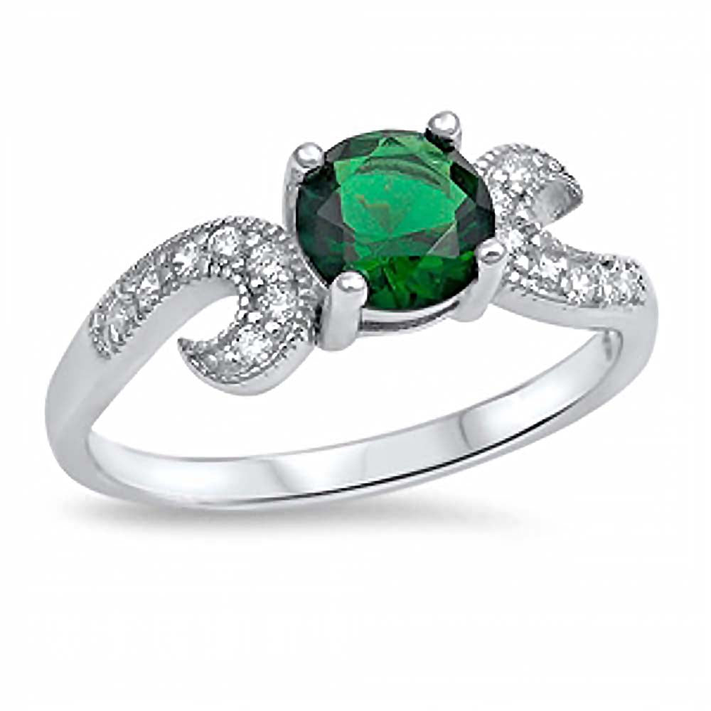 Sterling Silver Solitaire Prong Round Cut Emerald Cz Fancy Bypass Band Ring with Clear Czs InlaidAnd Face Height of 7MM