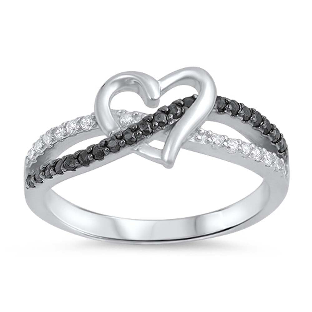 Sterling Silver Twisted Split Shank Multi Pave Black and Clear CZ Band Ring with Centered HeartAnd Face Height of 8MM