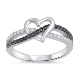 Sterling Silver Twisted Split Shank Multi Pave Black and Clear CZ Band Ring with Centered HeartAnd Face Height of 8MM