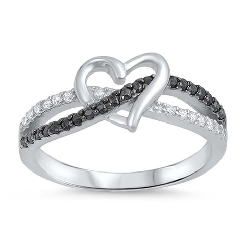 Sterling Silver Twisted Split Shank Multi Pave Black and Clear CZ Band Ring with Centered Heart And Face Height of 8MM