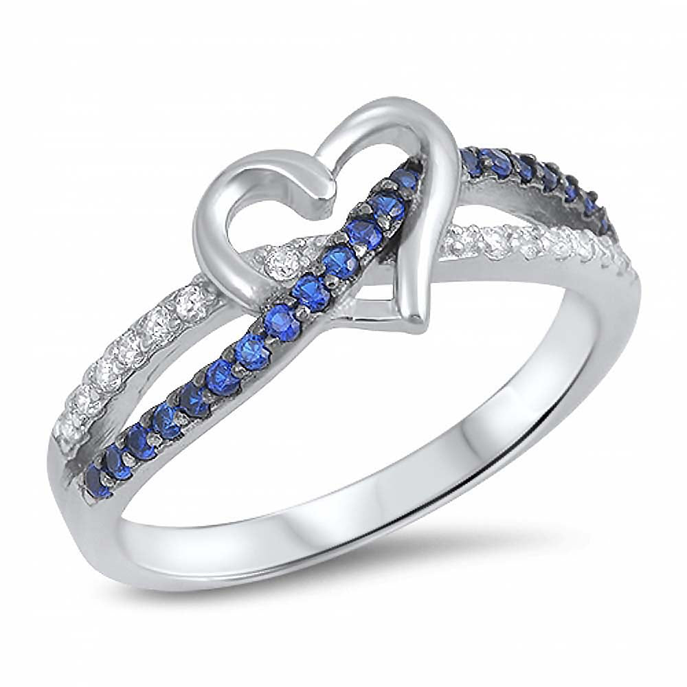 Sterling Silver Twisted Split Shank Multi Pave Blue Spinel and Clear CZ Band Ring with Centered HeartAnd Face Height of 8MM