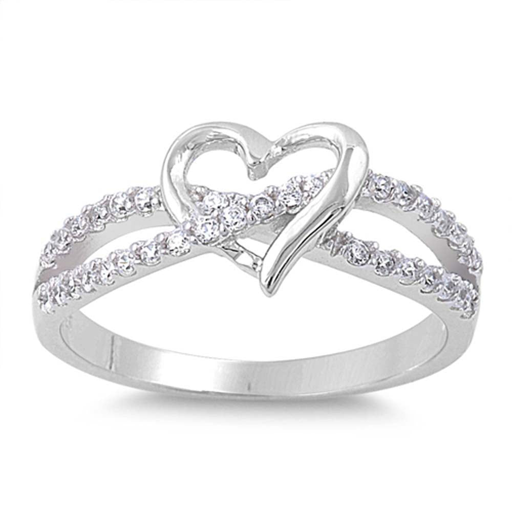 Sterling Silver Twisted Split Shank Multi Pave Band with Centered HeartAnd Face Height of 8MM