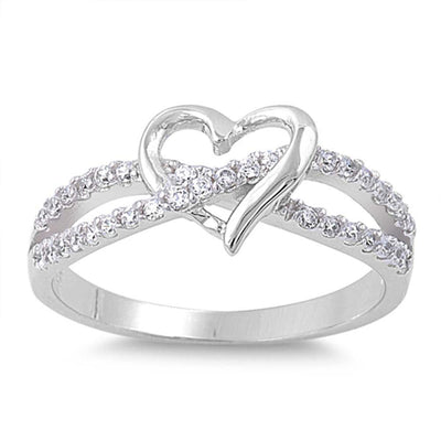 Sterling Silver Twisted Split Shank Multi Pave Band with Centered Heart and Face Height of 8MM