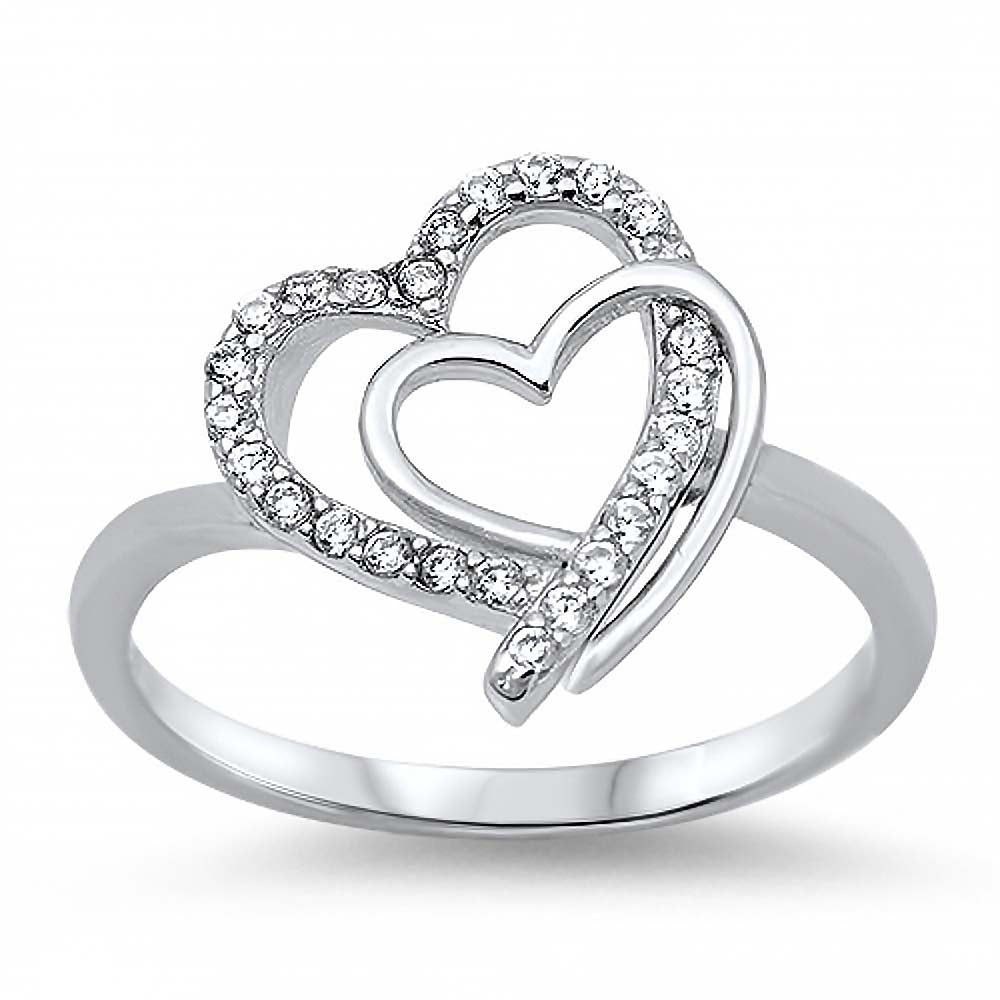 Sterling Silver Double Heart Design Ring with One Clear Simulated Diamond Pave HeartAnd Face Height of 13mm