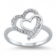 Load image into Gallery viewer, Sterling Silver Double Heart Design Ring with One Clear Simulated Diamond Pave HeartAnd Face Height of 13mm