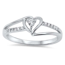 Load image into Gallery viewer, Sterling Silver Twisted Split Shank Multi Pave Band with Centered Heart &amp; Small Center Clear Round Simulated DiamondAnd Face Height of 7MM