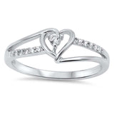 Sterling Silver Twisted Split Shank Multi Pave Band with Centered Heart & Small Center Clear Round Simulated DiamondAnd Face Height of 7MM