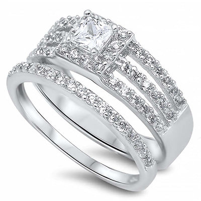 Sterling Silver Clear Princess Cut Simulated Diamond Aprx .50 Carat on Prong SettingAnd Triple Split Halo Style Bridal Set with Rhodium Finish
