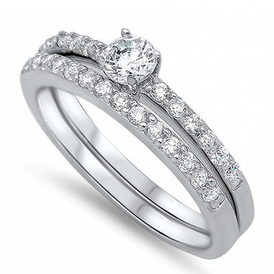 Sterling Silver Clear Round Simulated Diamond Aprx .25 CaratAnd Classy Solitaire Pave Style Bridal Set with Rhodium Finish