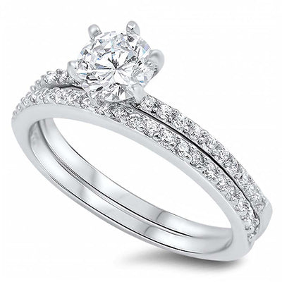 Sterling Silver Clear Round Simulated Diamond Aprx 1.25 Carat on Prong SettingAnd Classy Solitaire Pave Style Bridal Set with Rhodium Finish