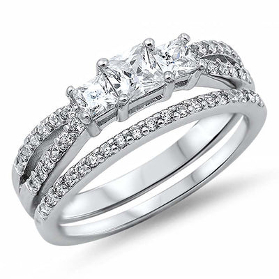Sterling Silver 3 Stone Clear Princess Cut cz and Classy Split Halo Pave Style Bridal Set with Rhodium FinishAnd Center Stone Aprx .25 Carat