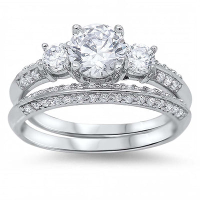 Sterling Silver 3 Stone Simulated Diamond on Prong SettingAnd Classy Halo Style Bridal Set with Rhodium FinishAnd Center Stone Aprx 1.25 Carat