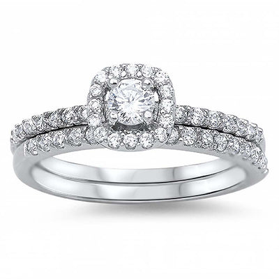 Sterling Silver Clear Round Simulated Diamond Aprx .25 CaratAnd Classy Halo Style Bridal Set with Rhodium Finish