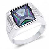 Sterling Silver Rhodium Plated Square Rainbow Topaz CZ RingAnd Face Height 14mm