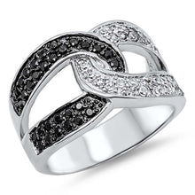 Load image into Gallery viewer, Sterling Silver Loop Lock Shaped Black And Clear CZ RingAnd Face Height 15mmAnd Weight 8.7grams