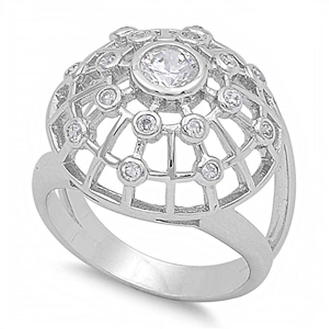 Sterling Silver Fancy Spider Web Design with Round Clear Czs on Bezel SettingAnd Face Height of 19MM
