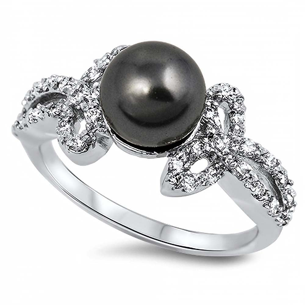 Sterling Silver Genuine Black Freshwater Pearl and Fancy Band Inlaid with Clear CzsAnd Face Heigth of 10MM