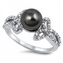 Load image into Gallery viewer, Sterling Silver Genuine Black Freshwater Pearl and Fancy Band Inlaid with Clear CzsAnd Face Heigth of 10MM