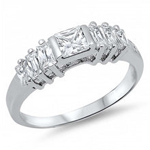 Load image into Gallery viewer, Sterling Silver Classy Princess Cut Clear Cz on Center with 3 Baguette Czs on Both Side Open Cut Band RingAnd Face Height of 5MM