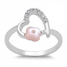 Load image into Gallery viewer, Sterling Silver Fancy Heart with Pink Mother of Pearl Flower Shaped Design with Clear Czs Inlaid RingAnd Face Height of 13MM