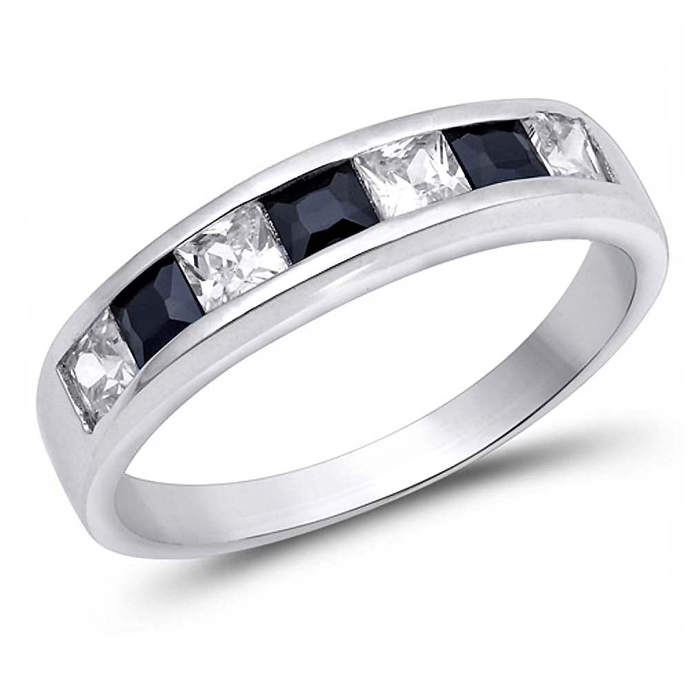 Sterling Silver Alternative Princess Cut Clear and Black Cz Band Ring with Face Height of 4MM