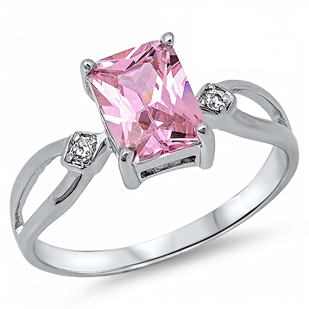 Sterling Silver Classy Emerald Cut Pink Cz with Clear Czs on Both Side Open Cut Band Ring with Face Height of 8MM