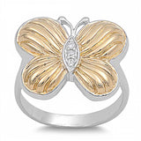 Sterling Silver Trendy Butterfly Design with Yellow Gold Plated Tone and Clear Czs Inlaid Ring with Face Height of 16MM