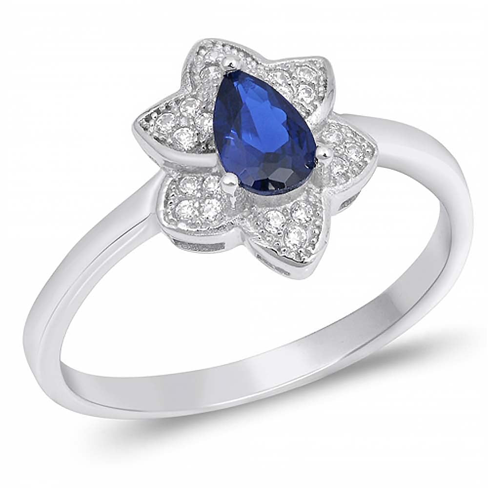 Sterling Silver Fancy Pearshape Cut Blue Sapphire Cz with Flower Shaped Halo Set with Clear CzsAnd Face Height of 11MM