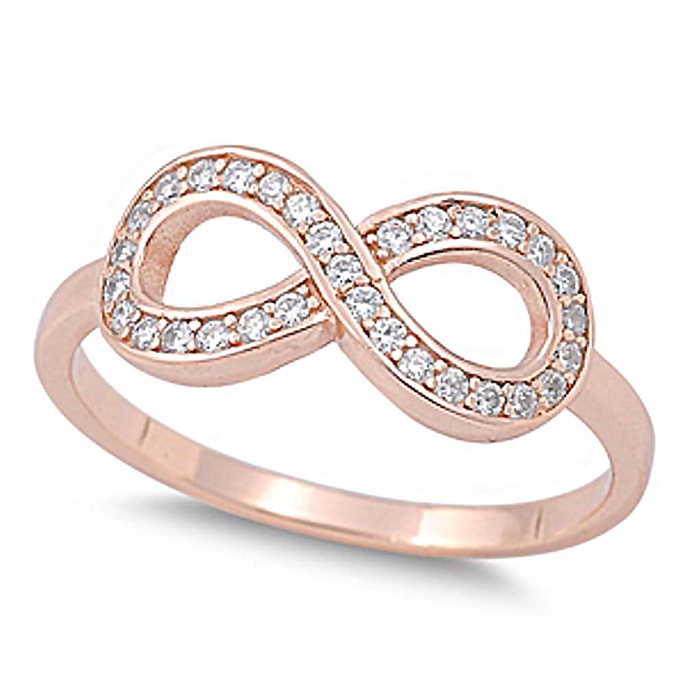 Sterling Silver Rose Gold Plated Infinity Shaped Clear CZ Ring, Face Height 8mm