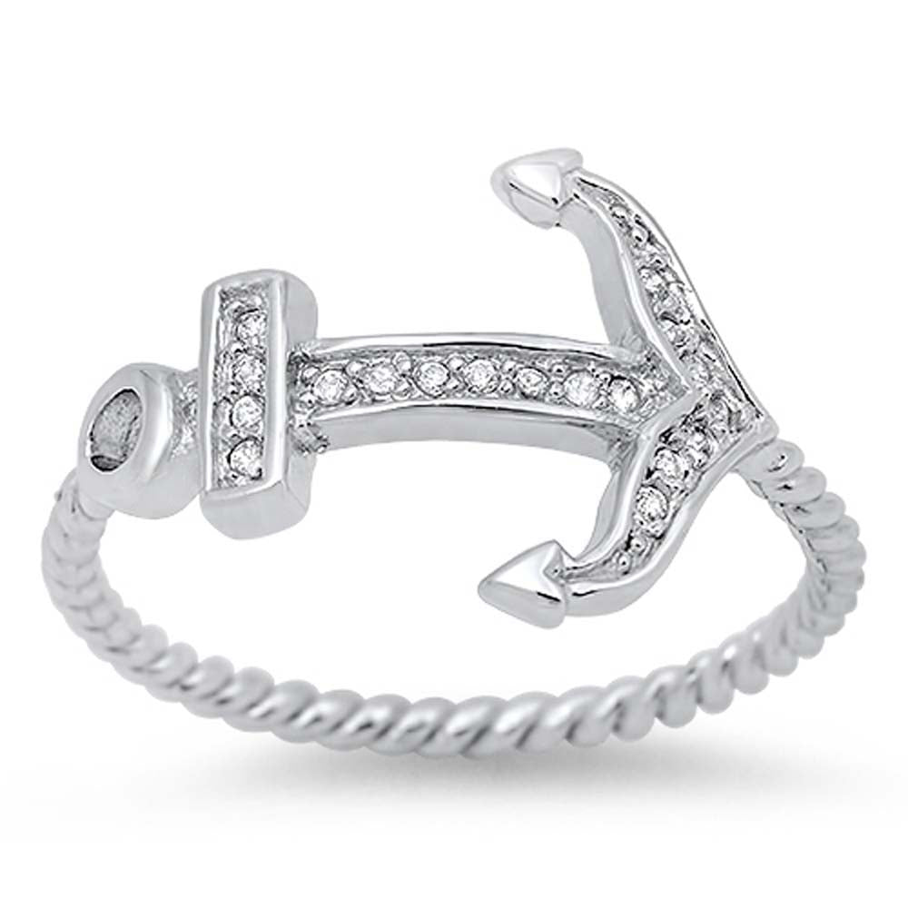 Sterling Silver Fancy Sideway Anchor Design with Clear Czs Inlaid Twisted Band RingAnd Face Heigth of 13MM