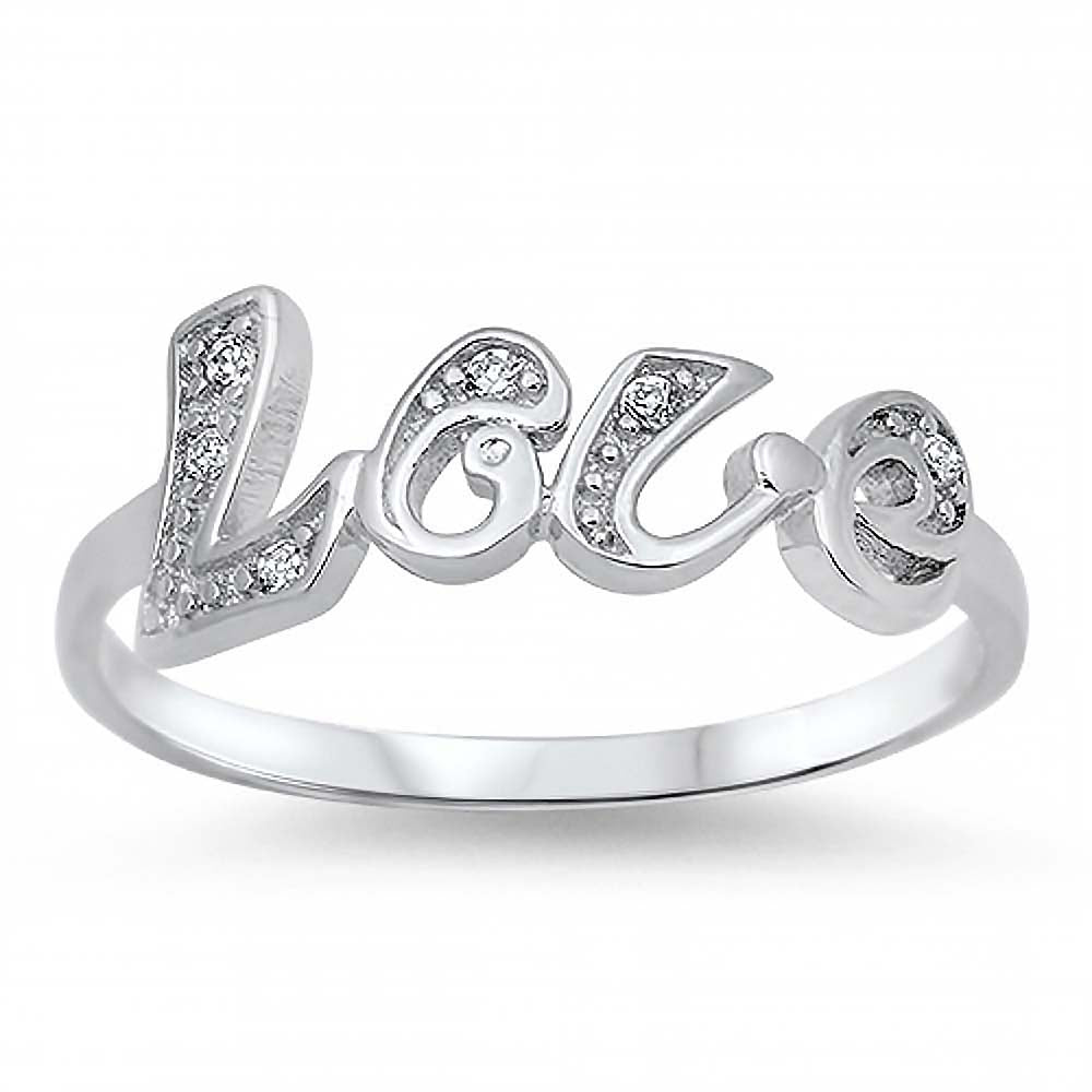 Sterling Silver Trendy Cursive  Love  Ring with Clear Czs InlaidAnd Face Height of 7MM