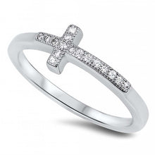 Load image into Gallery viewer, Sterling Silver Sideways Cross Shaped Clear CZ RingAnd Face Height 7mm