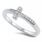 Sterling Silver Sideways Cross Shaped Clear CZ RingAnd Face Height 7mm