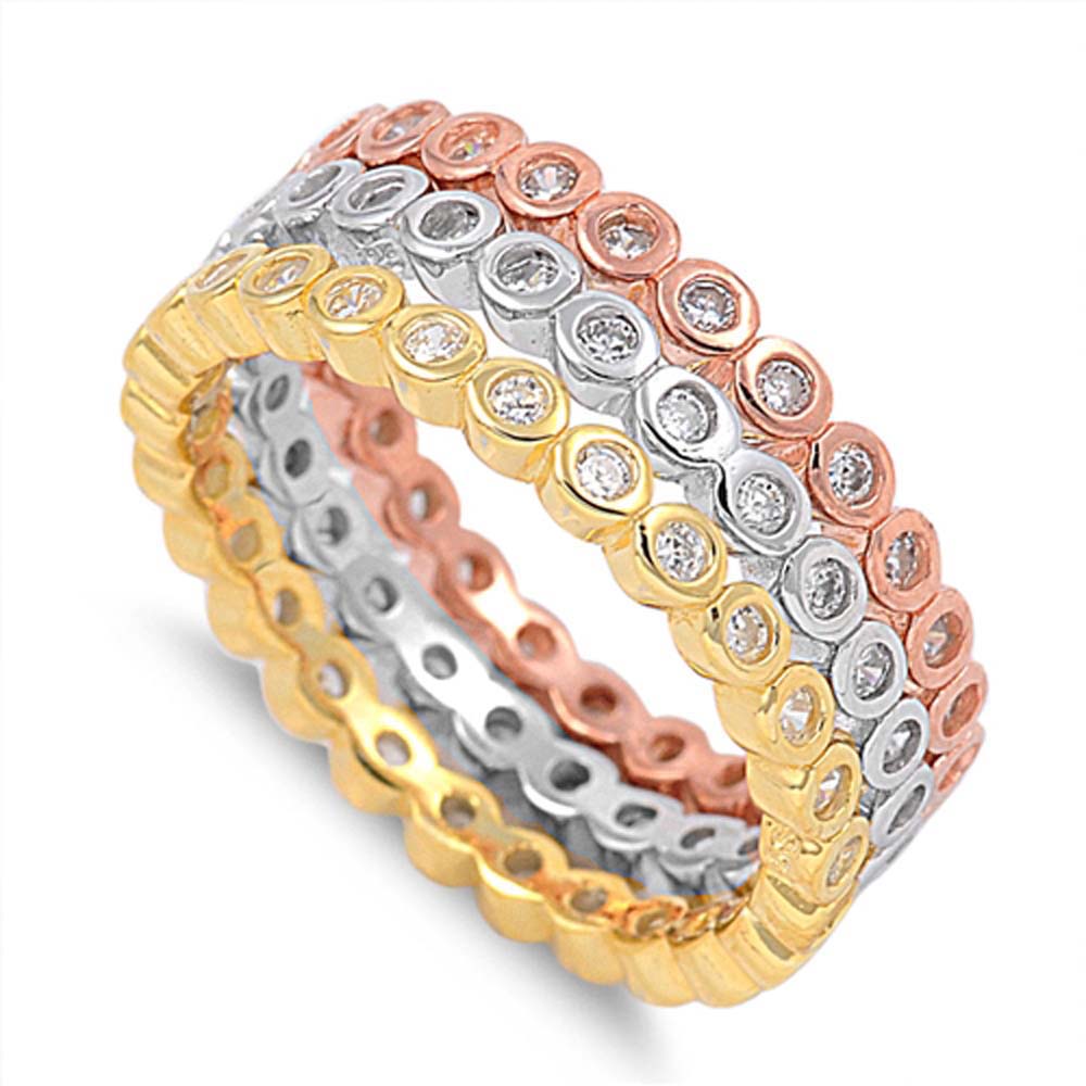 Sterling Silver Rounds RhodiumAnd Yellow And Rose Gold Plated Clear CZ RingAnd Band Width 2mm