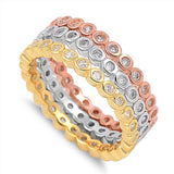 Sterling Silver Rounds RhodiumAnd Yellow And Rose Gold Plated Clear CZ RingAnd Band Width 2mm