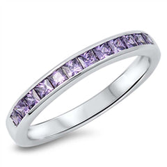 Sterling Silver Fancy Princess Cut Amethyst Czs Eternity Band Ring with Face Height of 3MM
