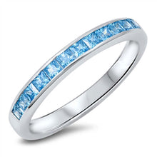 Load image into Gallery viewer, Sterling Silver Fancy Princess Cut Aqua Czs Eternity Band Ring with Face Height of 3MM