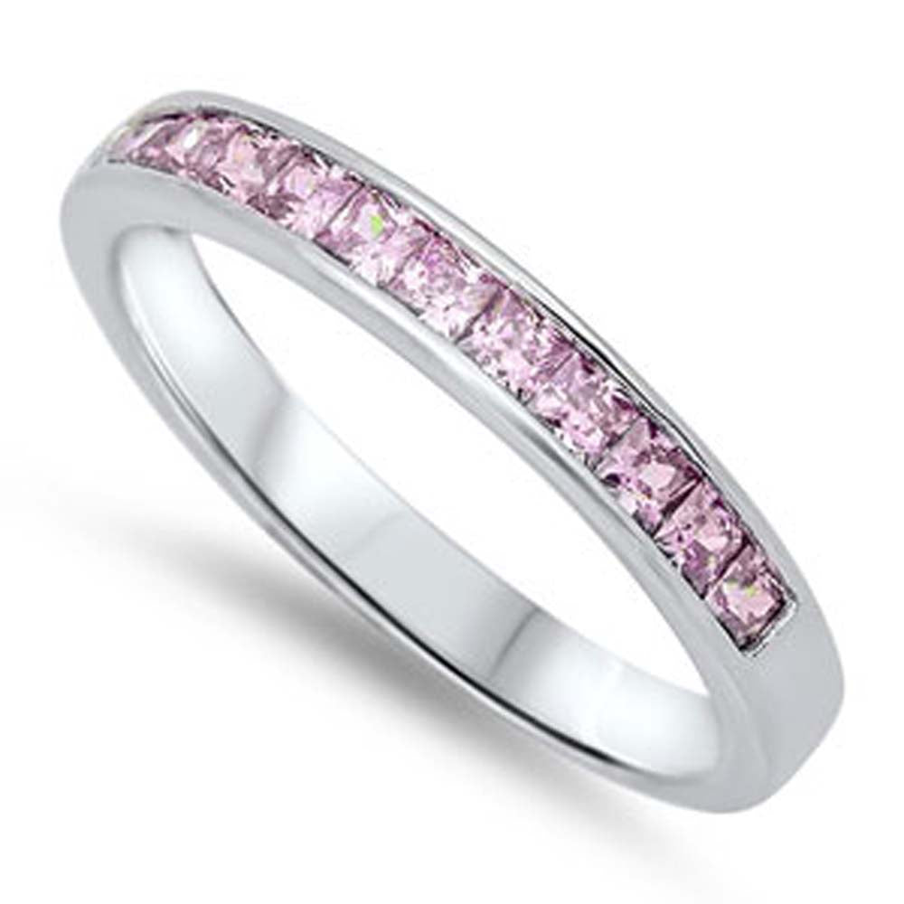 Sterling Silver Classy Eternity Band Ring with Pink Cz on Channel SettingAnd Face Height of 3MM