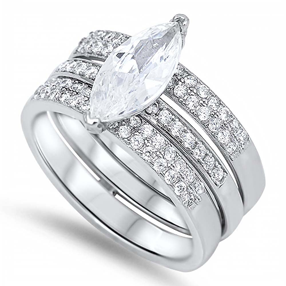 Sterling Silver Clear Marquise Cut CZ Bridal Set and Band Inlaid with Pave CZ, Band Width of 9MM and Center Stone of 13MM