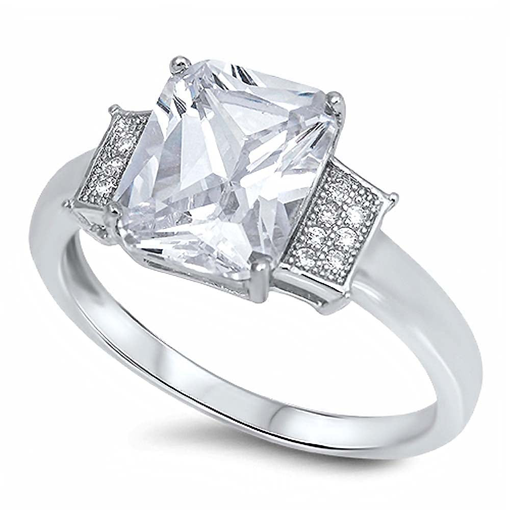 Sterling Silver Elegant Radiant Cut Clear Cz on Center with Paved Czs on Both Side RingAnd Face Height of 10MM