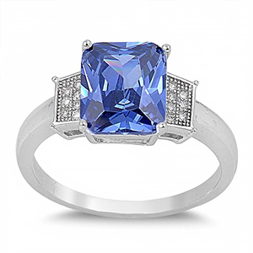 Sterling Silver Elegant Radiant Cut Tanzanite Cz on Center with Paved Czs on Both Side RingAnd Face Height of 10MM